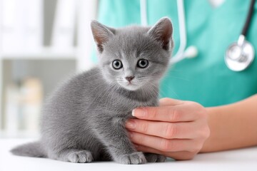 A vet checking a kitten heartbeat during a checkup