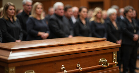 Family in mourning on a funeral ceremony with a wooden coffin in a gloomy atmosphere
