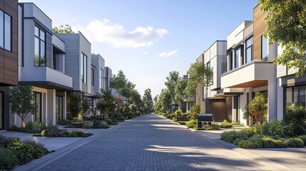 Modern townhouses line peaceful street under clear sky