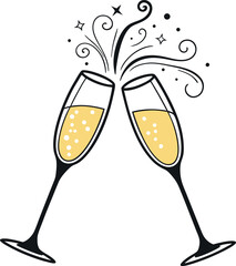 Vector Illustration of Champagne Glasses Clinking with Sparkles and Bubbles for Festive Celebrations and Events