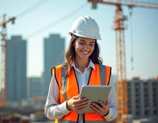 Smiling female engineer with tablet on construction site. Woman foreman in helmet, orange vest. Architect at workplace, using digital tech. Construction industry, new building skyscraper, safety at