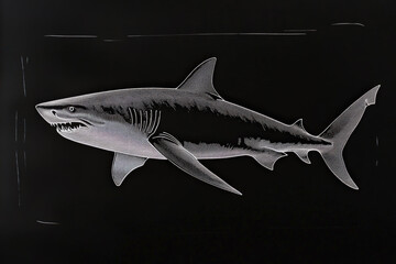 Obraz premium Great White Shark Illustration On Black. A stunning illustration of a great white shark against a black background, showcasing its powerful form and predatory features in detail.