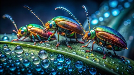 Fototapeta premium Enchanted Leaf A Long Exposure Reveals the Tiny Wonders of Malthodes Beetles
