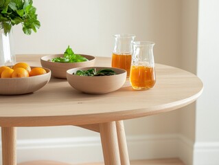 Fresh Citrus Fruits, Greens, and Refreshing Juice on a Wooden Table in a Bright Interior