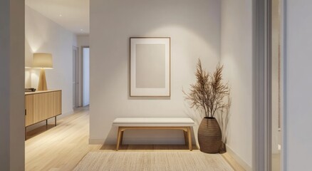 3D rendering of a small white console table with a poster frame on the wall in a modern home entryway interior mockup