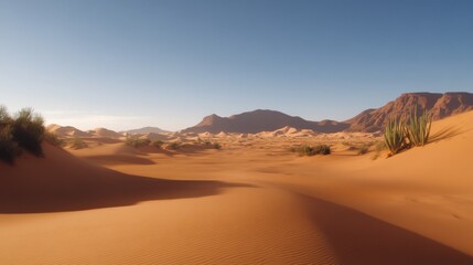 Fototapeta premium A sparse desert with occasional cacti dotting the endless sand dunes.