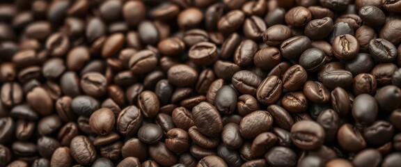 Obraz premium Dark brown roasted coffee beans, close-up texture, medium roast, intense