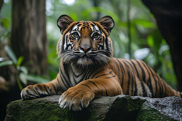 Obraz premium a tiger laying on a rock in a forest