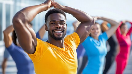 Diverse group stretching outdoors
