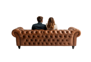 Couple enjoying cozy moments on a leather sofa back view isolated on transparent background