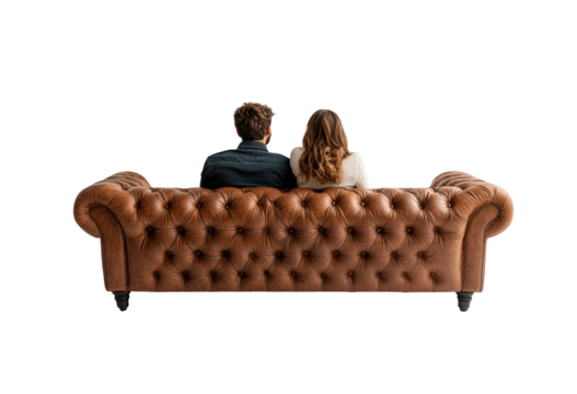 Couple enjoying cozy moments on a leather sofa back view isolated on transparent background