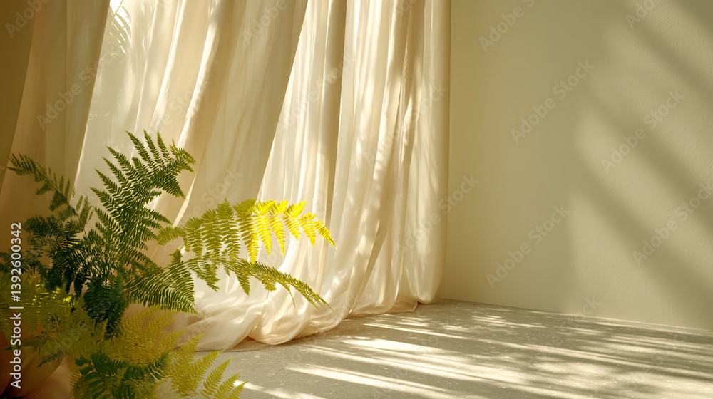 Poster beige curtain drapes partially revealing green fern leaves, casting shadows on a light floor, creati