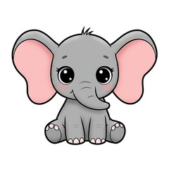 Naklejka premium Kawaii Baby Elephant with Big Eyes and Oversized Ears