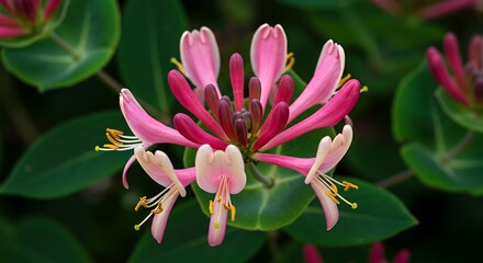 Pink Honeysuckle Bloom in Summer Garden Photography AI Generated