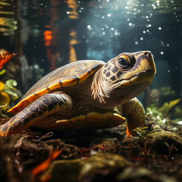 Amazon river turtle wide eyes swimming underwater generative ai