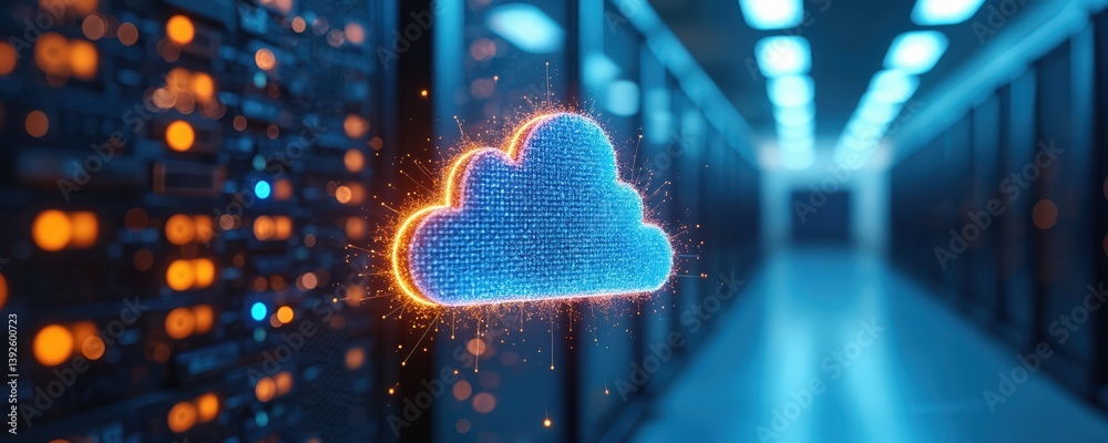 Fototapete Cloud computing concept. Digital cloud symbol glowing in data center. Virtual machines, data storage, network, servers. Modern tech. Data transfer, processing, storage. High performance.