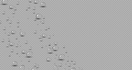 Transparent raindrops dripping down the glass.Realistic texture of wet condensation.Fresh water splash effect on the surface.Spreading liquid drops on transparent background. PNG