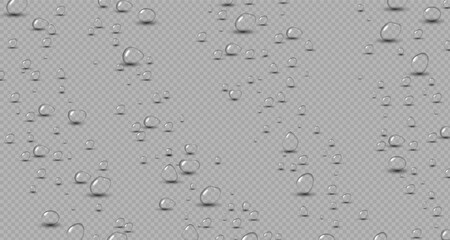Transparent raindrops dripping down the glass.Realistic texture of wet condensation.Fresh water splash effect on the surface.Spreading liquid drops on transparent background. PNG