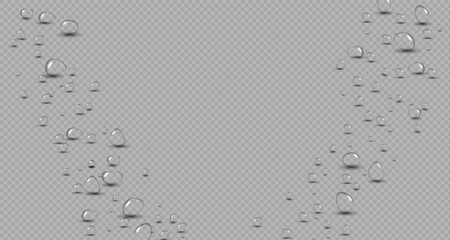 Transparent raindrops dripping down the glass.Realistic texture of wet condensation.Fresh water splash effect on the surface.Spreading liquid drops on transparent background. PNG