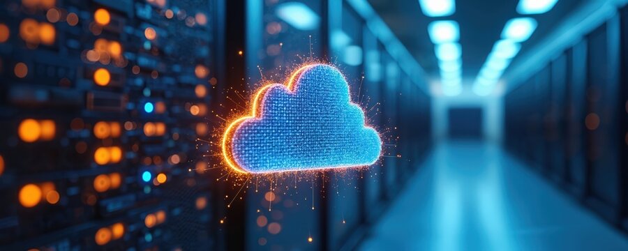 Cloud computing concept. Digital cloud symbol glowing in data center. Virtual machines, data storage, network, servers. Modern tech. Data transfer, processing, storage. High performance.
