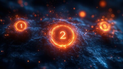 Digital number sequence, glowing orbs, energy particles