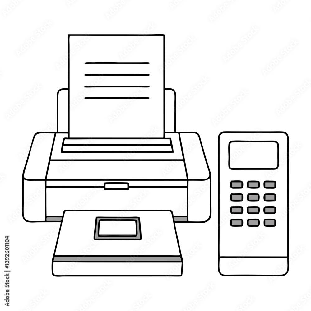 Aufkleber Fax Machine and Computer Line Art Drawing for Coloring Book Page