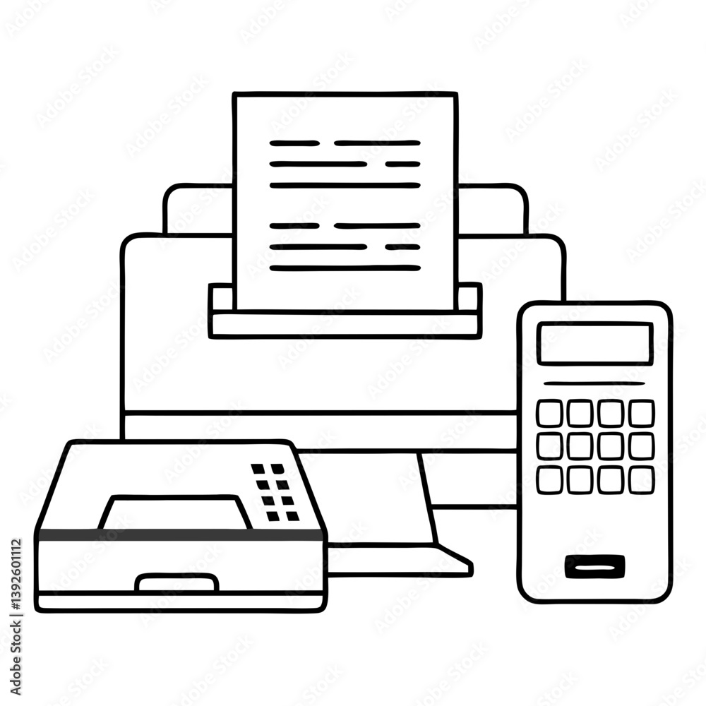 Poster fax machine and computer line art drawing for coloring book page
