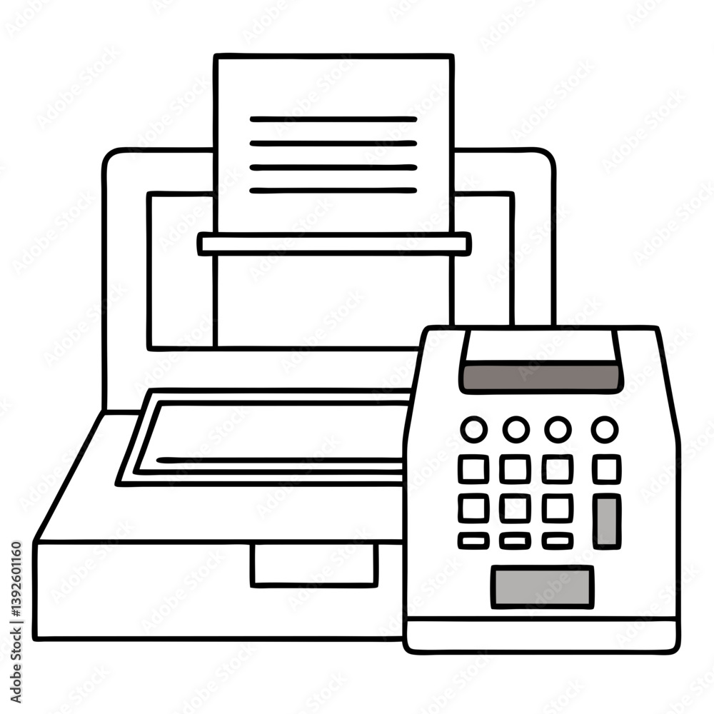 Aufkleber fax machine and computer line art drawing for coloring book page