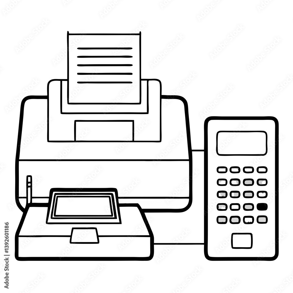 Aufkleber fax machine and computer line art drawing for coloring book page