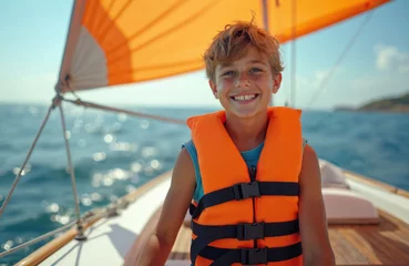 Fototapete Young boy smiles, wearing orange life vest, sailing yacht on blue sea. Kid enjoys water sport, active summer vacation on sunny day. Happy child enjoys boating with sailboat, ocean travel adventure. © miss irine