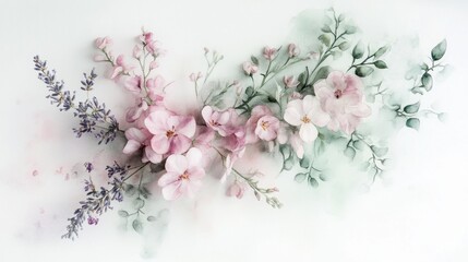 Fototapeta premium A watercolor painting of a flower bouquet with pink flowers and green leaves