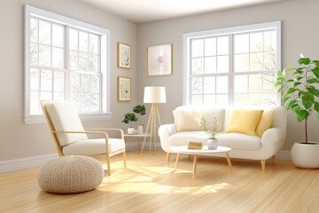 A watercolor real estate concept showing a cozy living room setup with sunlight pouring through the windows