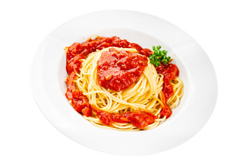 Spaghetti bolognese pasta tomato sauce tasty fresh delicious gourmet food background table rustic food top view copy space