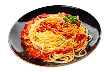 Spaghetti bolognese pasta tomato sauce tasty fresh delicious gourmet food background table rustic food top view copy space