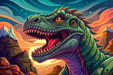 Fototapeta premium Dinosaur portrait on an alien rock formation desert under a strange colored sky, animal banner