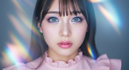 Portrait of a young Asian woman with fair skin and blue eyes