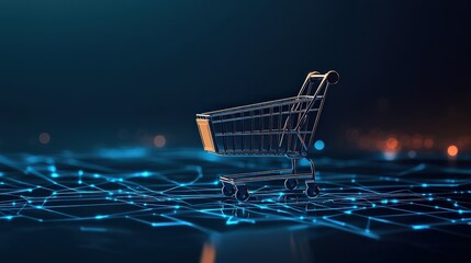 A digital shopping cart floats over a network of glowing lines, symbolizing e-commerce and technology in modern retail.