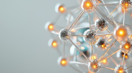 A close-up of a molecular structure with glowing nodes, representing scientific concepts and innovation in technology and materials.