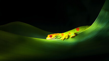 Vibrant gecko resting on a lush, green leaf, showcasing nature's beauty. The vivid colors and intricate details highlight the animal's unique charm, creating a captivating wildlife image.