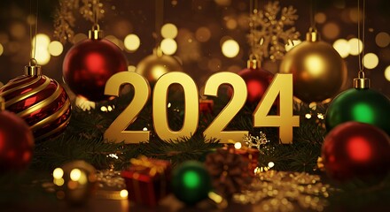 Golden 2024 New Year's Eve 3D Render with Festive Ornaments AI Generated
