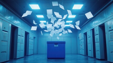 Documents flying into a blue box