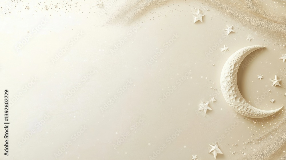 Poster soft creamy background with dotted stars and a crescent moon creates a serene atmosphere perfect for
