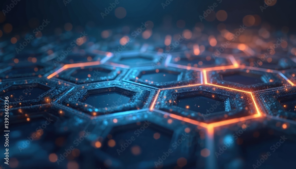 Aufkleber Abstract futuristic background with glowing blue, orange hexagons. Digital data flow, connection technology concept with energy lines. Modern tech design for science, blockchain, AI, machine learning.