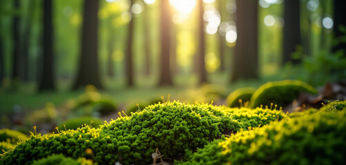 A close up of a moss covered rock in the middle of a forest.