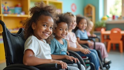Group of happy multiethnic disabled children smiles at daycare school. Kids with special needs in wheelchairs playing. Inclusion diversity in education concept, friendship, togetherness, back to