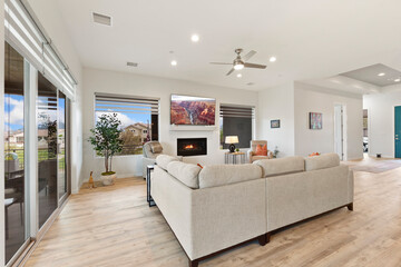 A living room with a couch, fireplace, TV, and ceiling fan