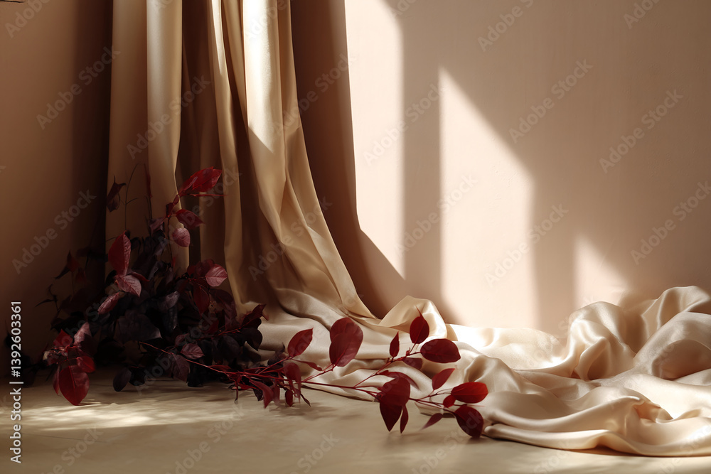 Poster beige silk fabric drapes elegantly, accented by dark red leaves, creating a minimalist, luxurious sc