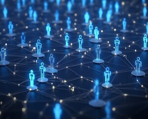 3D rendered glowing blue digital user symbols connected on an abstract dark blue background, representing remote work, collaboration, and social connections