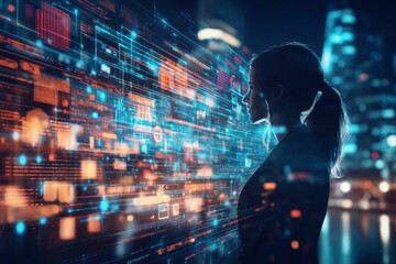 Fototapeta premium Woman Silhouette with Digital Data Flow in Modern City Night Scene