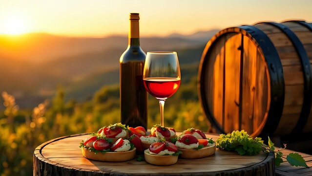 Un bicchiere di vino, e antipasti con salumi e formaggio. sullo sfondo un vigneto - Azienda vinicola	